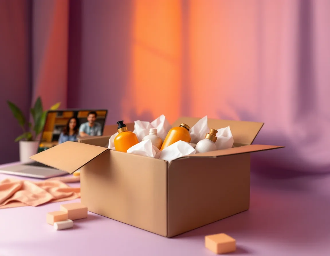 An open box of product samples next to a laptop on a video call