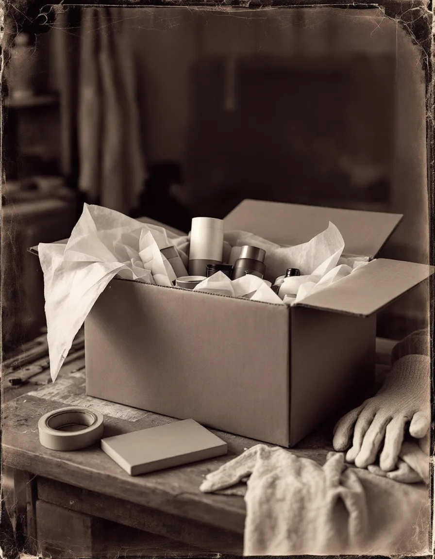 An open shipping box of product samples on the studio workbench