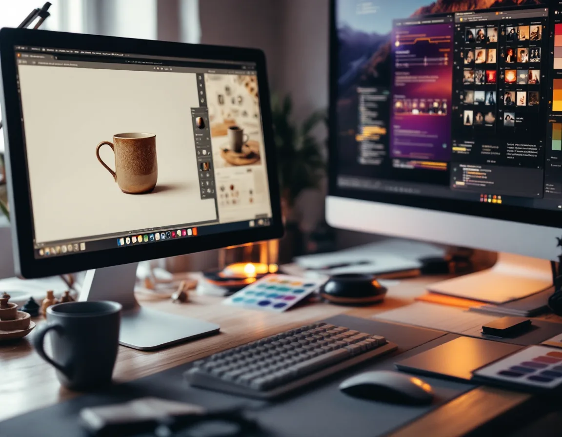 A retouching desk with a clipping path drawn around a mug on screen