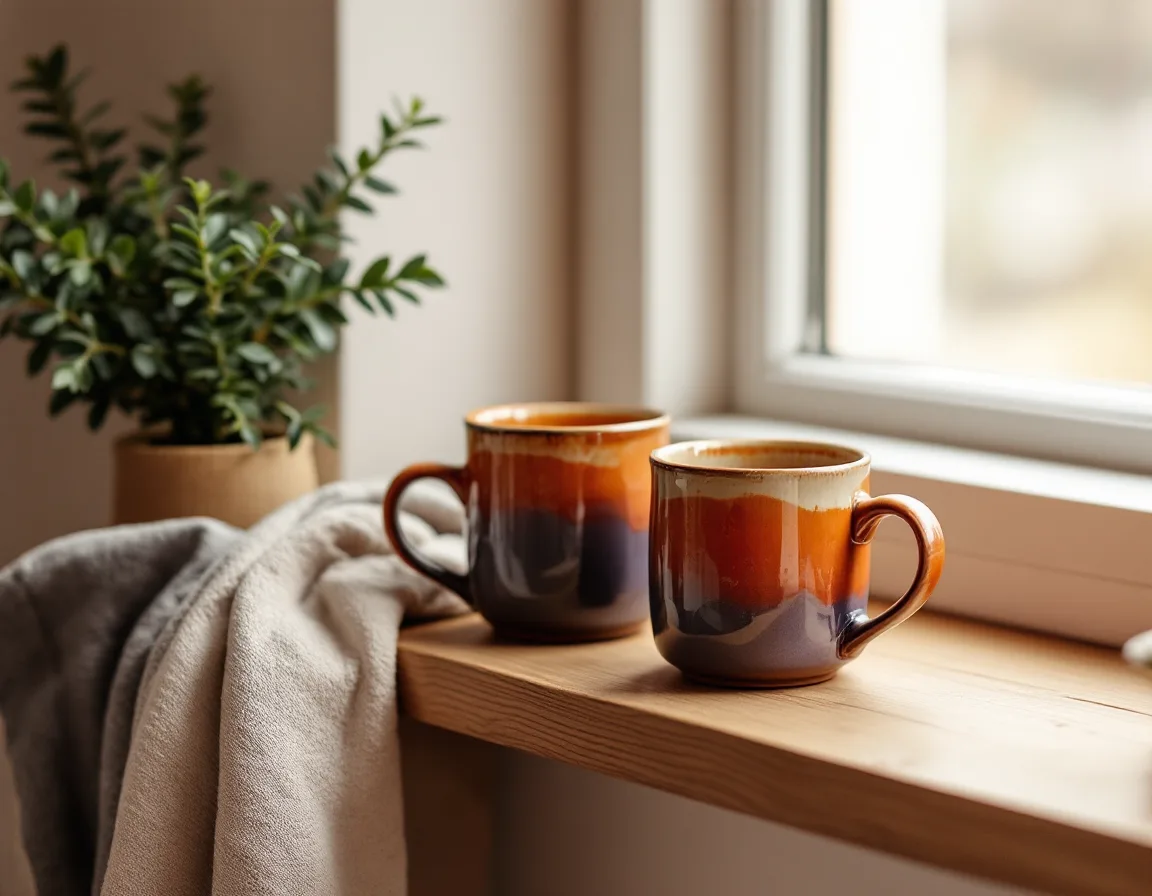 Stoneware mugs styled on an oak shelf with soft window light